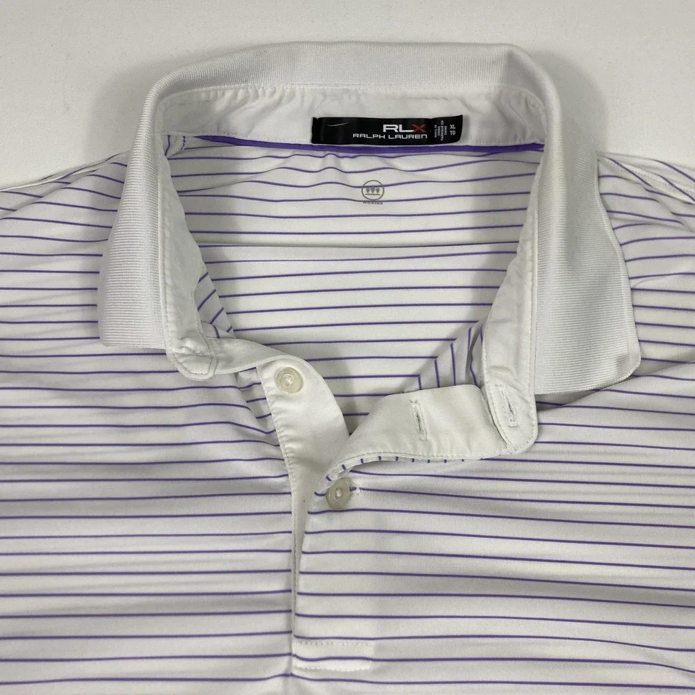 RLX Ralph Lauren Polo Shirt Mens XL White Purple Stripe Golf Performance Wicking